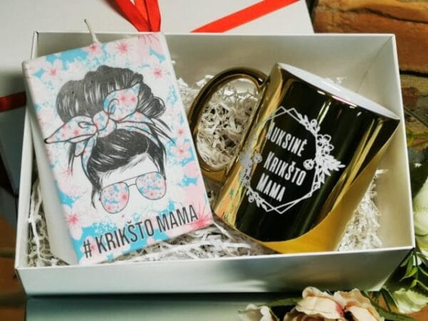 Rinkinukas žvakė ir puodelis "Auksinė Krikšto mama"